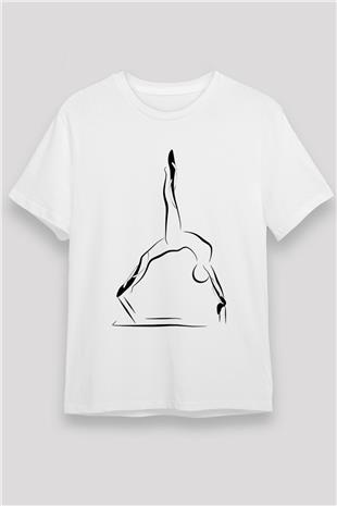Pilates Baskılı Unisex Beyaz Tişört - Tshirt