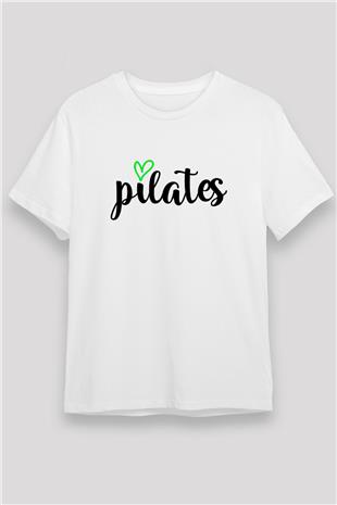 Pilates Baskılı Unisex Beyaz Tişört - Tshirt