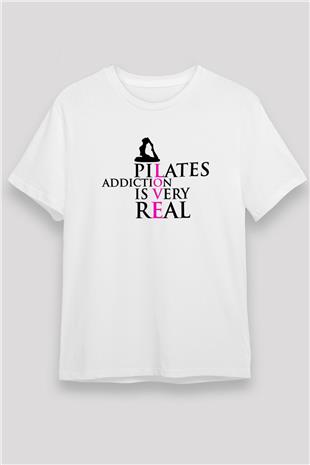 Pilates Baskılı Unisex Beyaz Tişört - Tshirt
