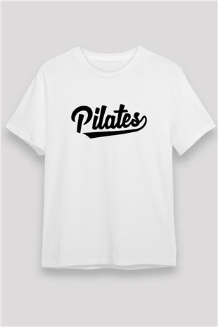 Pilates Baskılı Unisex Beyaz Tişört - Tshirt