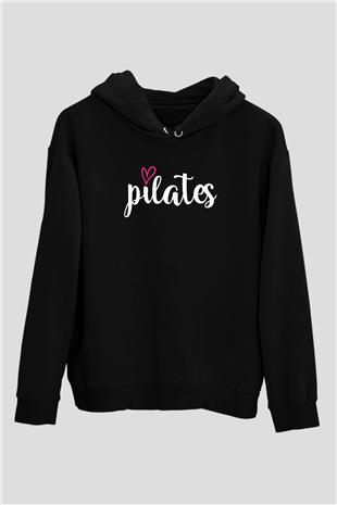 Pilates Baskılı Unisex Siyah Kapüşonlu Sweatshirt