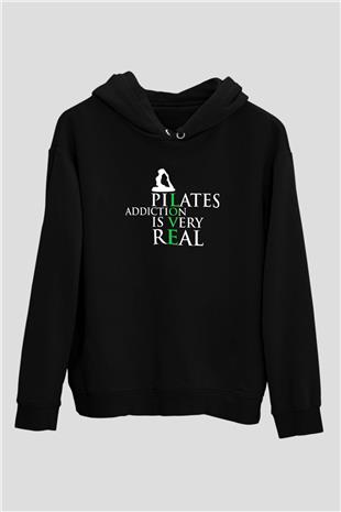 Pilates Baskılı Unisex Siyah Kapüşonlu Sweatshirt