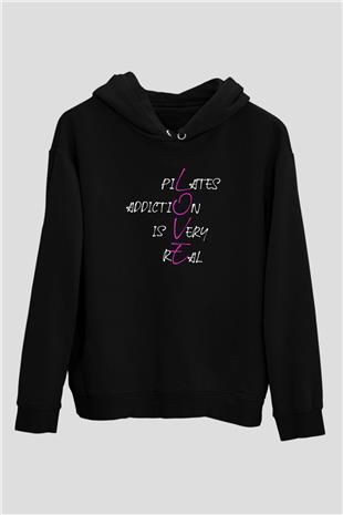 Pilates Baskılı Unisex Siyah Kapüşonlu Sweatshirt