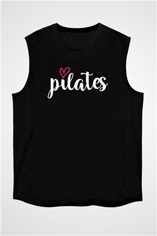 Pilates Baskılı Unisex Siyah Kolsuz Tişört