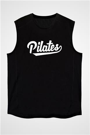 Pilates Baskılı Unisex Siyah Kolsuz Tişört