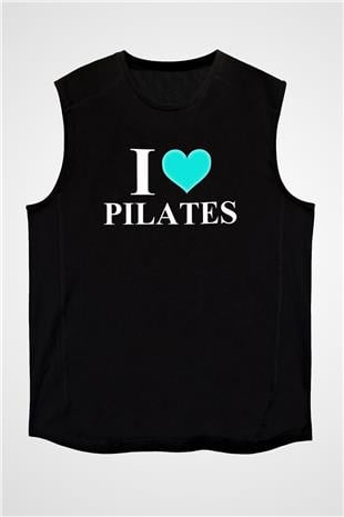 Pilates Baskılı Unisex Siyah Kolsuz Tişört