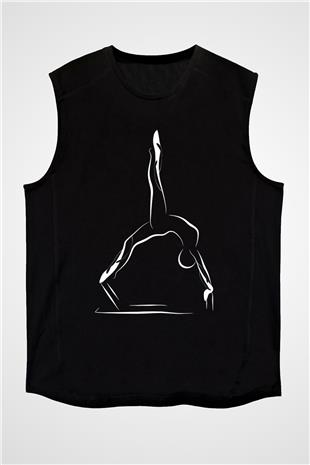 Pilates Baskılı Unisex Siyah Kolsuz Tişört