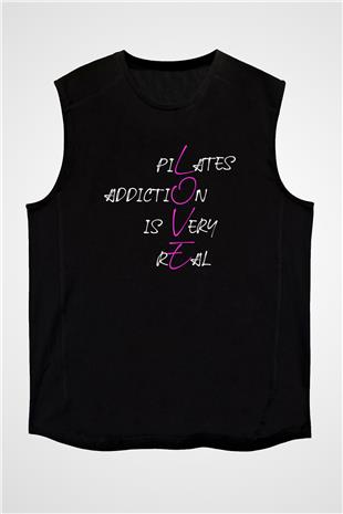 Pilates Baskılı Unisex Siyah Kolsuz Tişört
