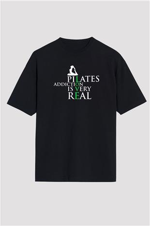 Pilates Baskılı Unisex Siyah Oversize Tişört