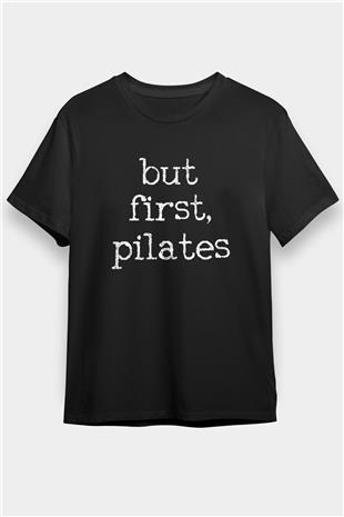 Pilates Baskılı Unisex Siyah Tişört - Tshirt
