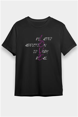 Pilates Baskılı Unisex Siyah Tişört - Tshirt