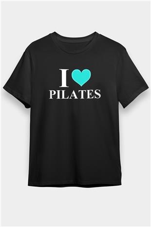 Pilates Baskılı Unisex Siyah Tişört - Tshirt