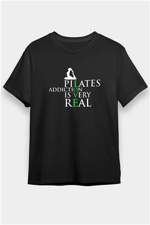 Pilates Baskılı Unisex Siyah Tişört - Tshirt