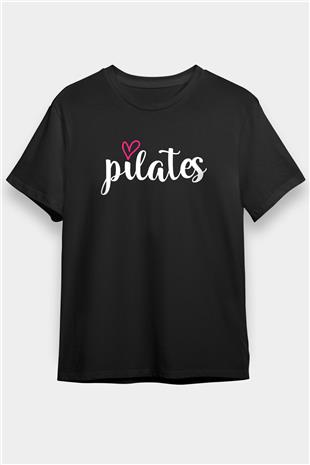 Pilates Baskılı Unisex Siyah Tişört - Tshirt