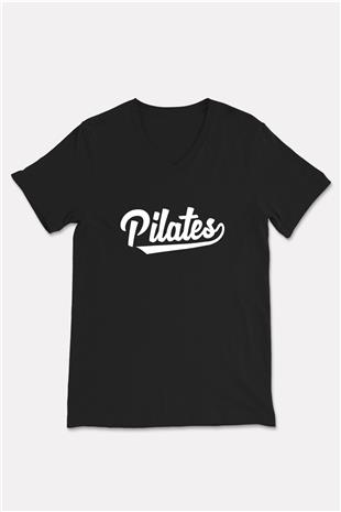 Pilates Baskılı Unisex Siyah V Yaka Tişört