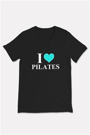 Pilates Baskılı Unisex Siyah V Yaka Tişört