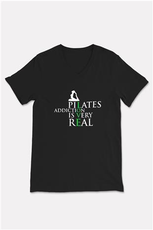 Pilates Baskılı Unisex Siyah V Yaka Tişört