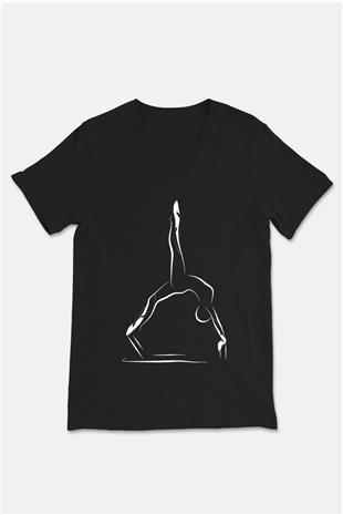 Pilates Baskılı Unisex Siyah V Yaka Tişört