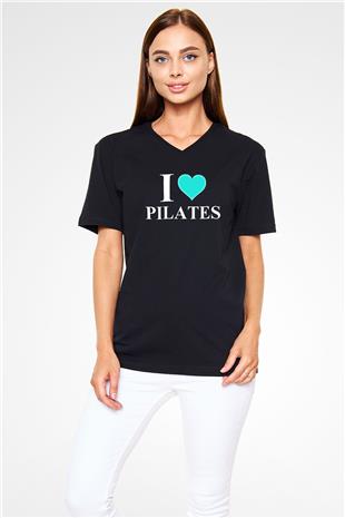Pilates Baskılı Unisex Siyah V Yaka Tişört