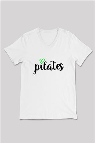 Pilates Baskılı Unisex V Yaka Tişört - Tshirt