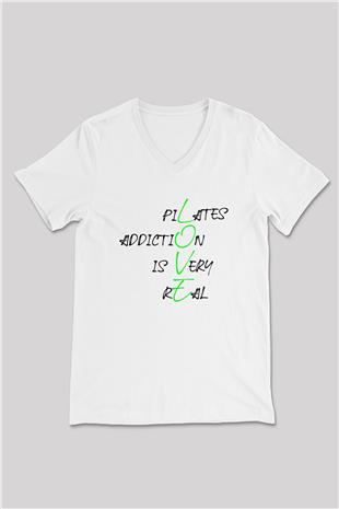 Pilates Baskılı Unisex V Yaka Tişört - Tshirt