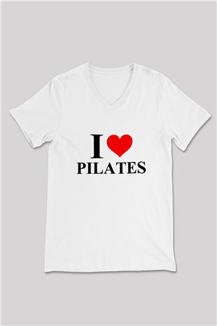 Pilates Baskılı Unisex V Yaka Tişört - Tshirt