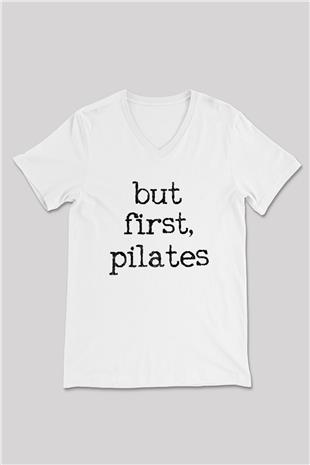 Pilates Baskılı Unisex V Yaka Tişört - Tshirt