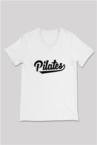 Pilates Baskılı Unisex V Yaka Tişört - Tshirt