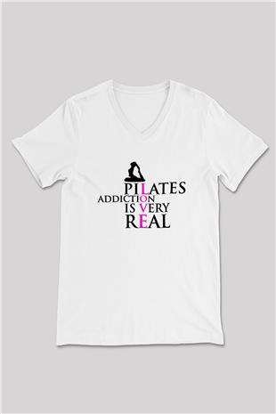 Pilates Baskılı Unisex V Yaka Tişört - Tshirt