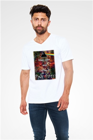 Pink Floyd Beyaz Unisex V Yaka Tişört T-Shirt