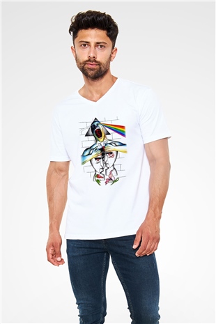 Pink Floyd Beyaz Unisex V Yaka Tişört T-Shirt
