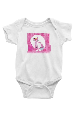 Pink Panther Baskılı Beyaz Unisex Bebek Body - Zıbın