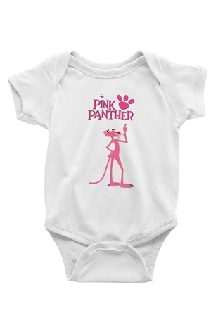 Pink Panther Baskılı Beyaz Unisex Bebek Body - Zıbın