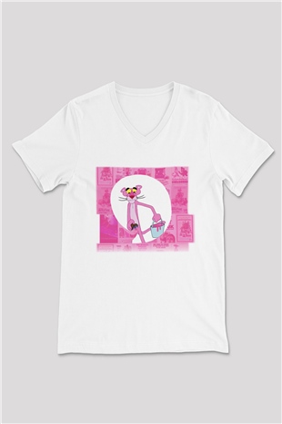 Pink Panther Beyaz Unisex V Yaka Tişört