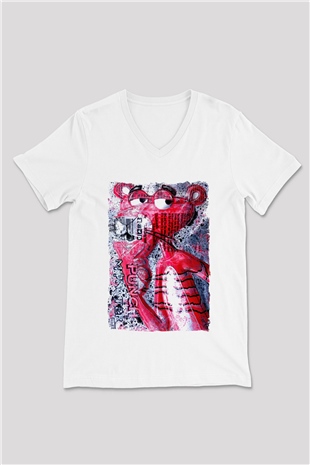 Pink Panther Beyaz Unisex  V Yaka Tişört
