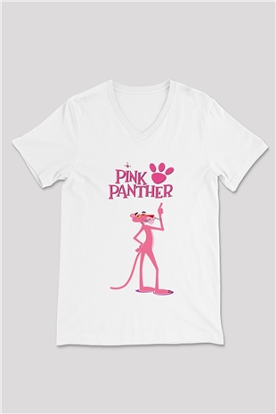 Pink Panther Beyaz Unisex V Yaka Tişört