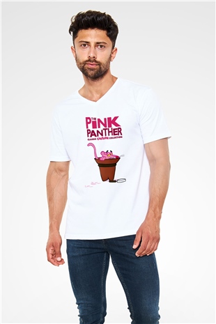 Pink Panther Beyaz Unisex V Yaka Tişört