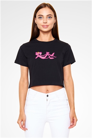 Pink Panther Siyah   Crop Top Tişört