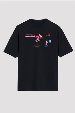 Pink Panther Siyah Unisex Oversize Tişört