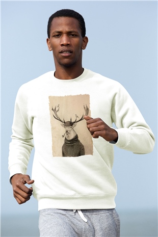 Pipo İçen Geyik Baskılı Unisex Beyaz  Sweatshirt