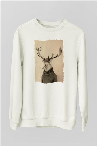 Pipo İçen Geyik Baskılı Unisex Beyaz  Sweatshirt