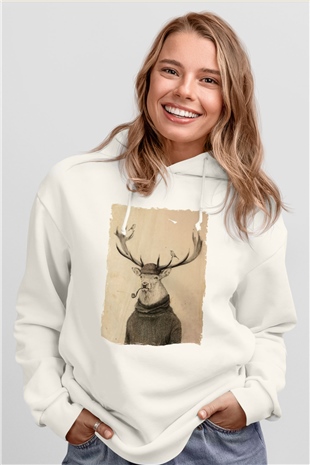 Pipo İçen GeyikBeyaz  Unisex Hoodie