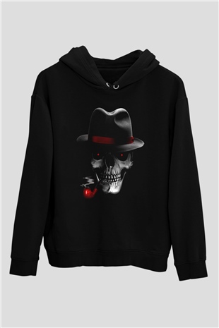 Pipo İçen Şapkalı KurukafaSiyah  Unisex Hoodie