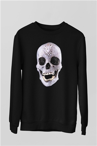 Pırlanta Taşlı Kurukafa Baskılı Unisex Siyah Sweatshirt