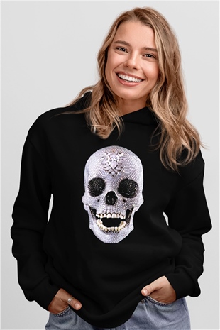 Pırlanta Taşlı KurukafaSiyah Unisex Hoodie