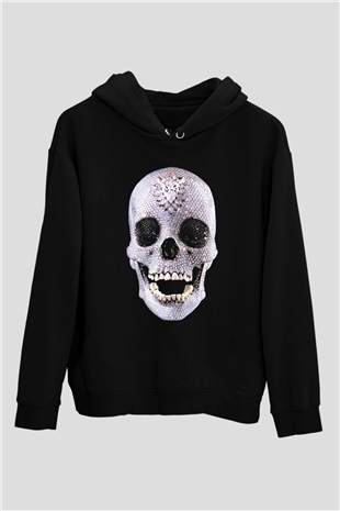 Pırlanta Taşlı KurukafaSiyah Unisex Hoodie