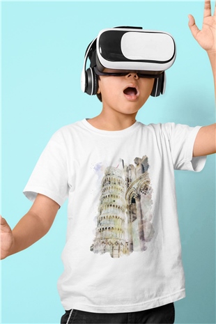 Pisa Kulesi Beyaz Unisex Çocuk Tişört