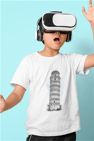 Pisa Kulesi Beyaz Unisex Çocuk Tişört