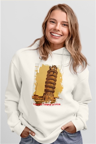 Pisa Kulesi Beyaz Unisex Hoodie