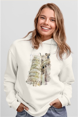 Pisa Kulesi Beyaz Unisex Hoodie